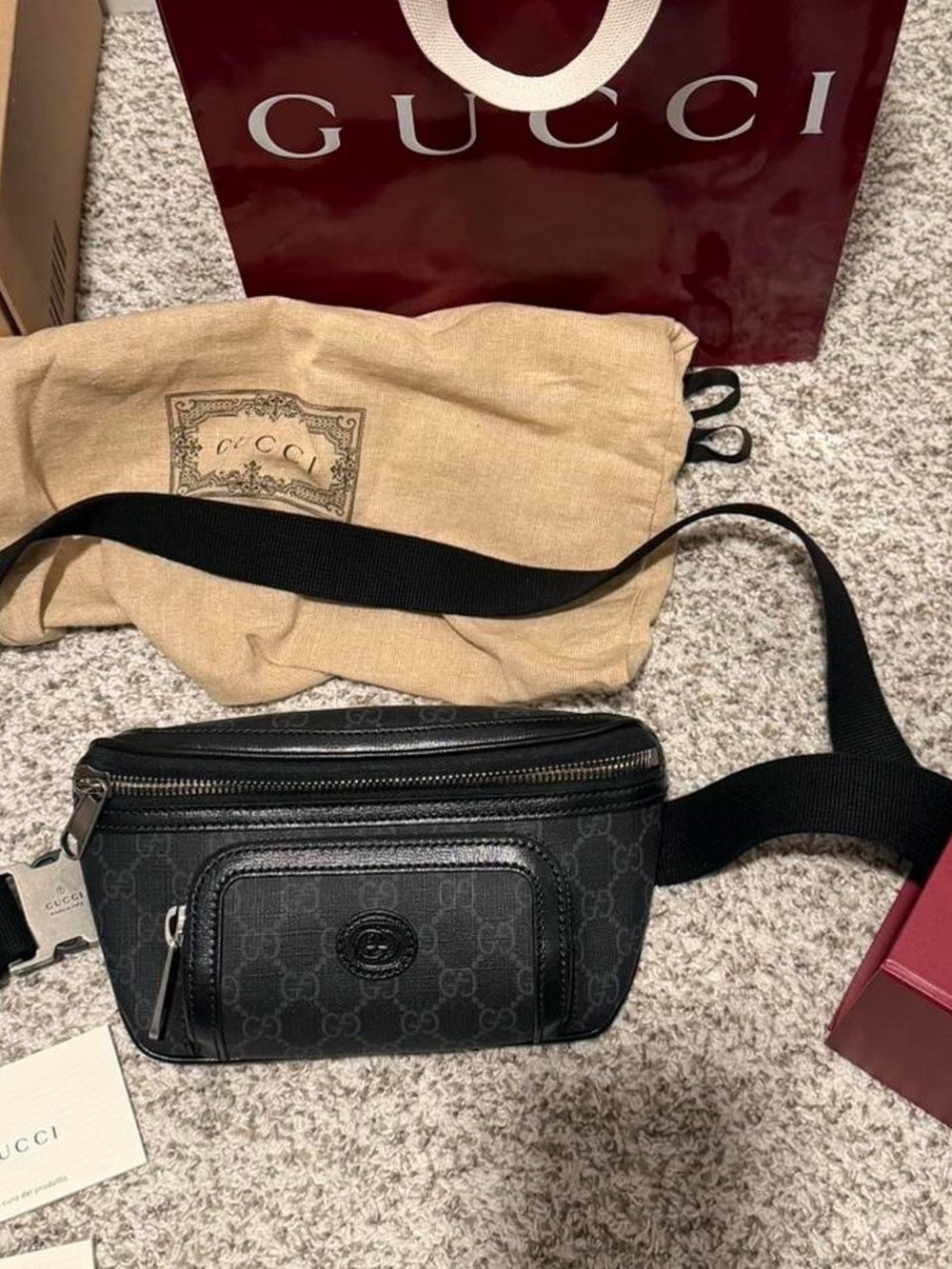 Gucci Black GG Monogram Belt Bag with Tonal Leather Trim